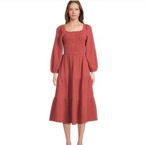 NEW BeachLunchLounge Luana Gauze Smocked Cut Out Puff Sleeve Tiered Dress Medium